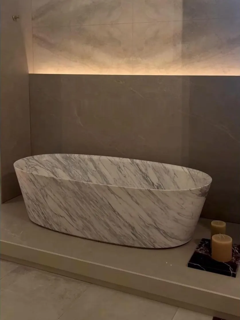Freestanding marble bath on display at the Lapicida stone showroom