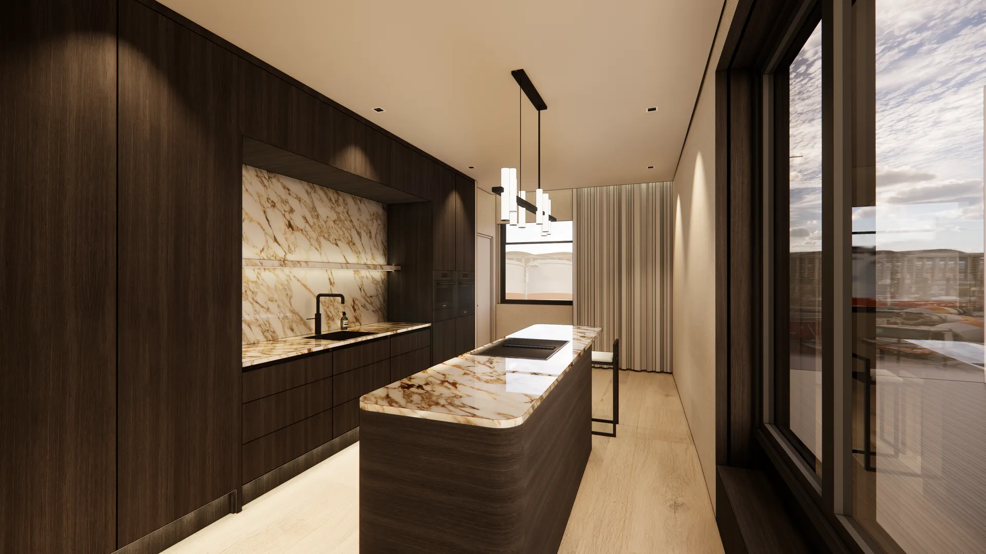 Apartment kitchen with dark timber cabinetry, a curved island and marble worktops, Leeds interior design visualisation