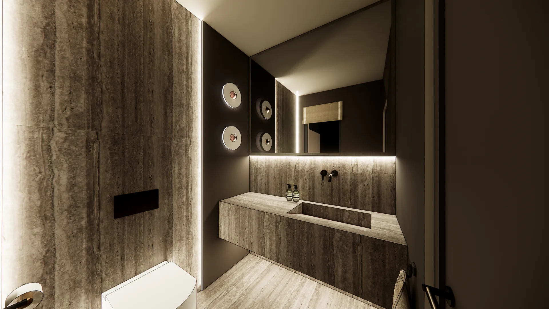 Apartment cloakroom in travertine with a floating basin and backlit mirror, Leeds interior design visualisation