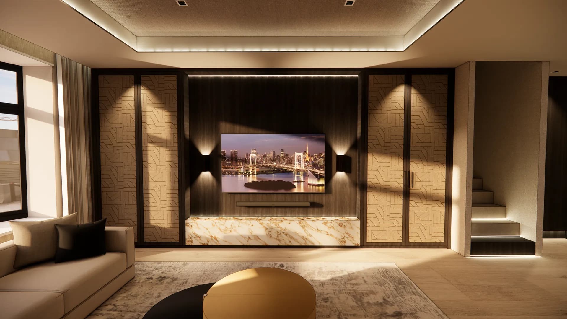 Interior design in Leeds: living room with a lit media wall, patterned joinery doors and a marble plinth, visualisation for Dean Heim & Co.