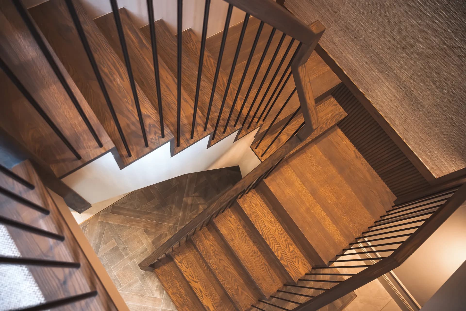 Elmtree Manor, Askwith, oak staircase seen from above, manor house interior design Yorkshire