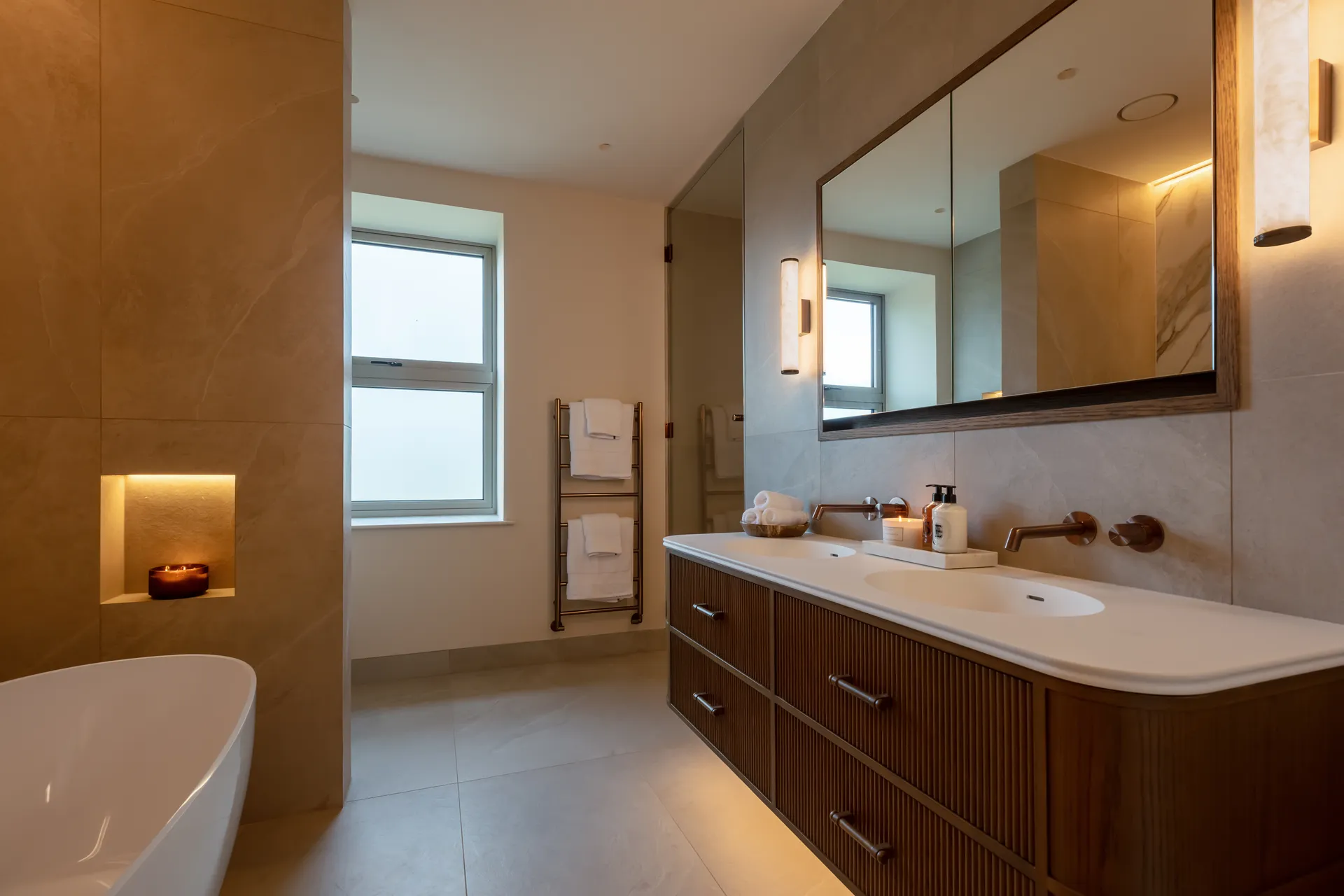 Elmtree Manor, bathroom with a stone vanity and freestanding bath, Askwith