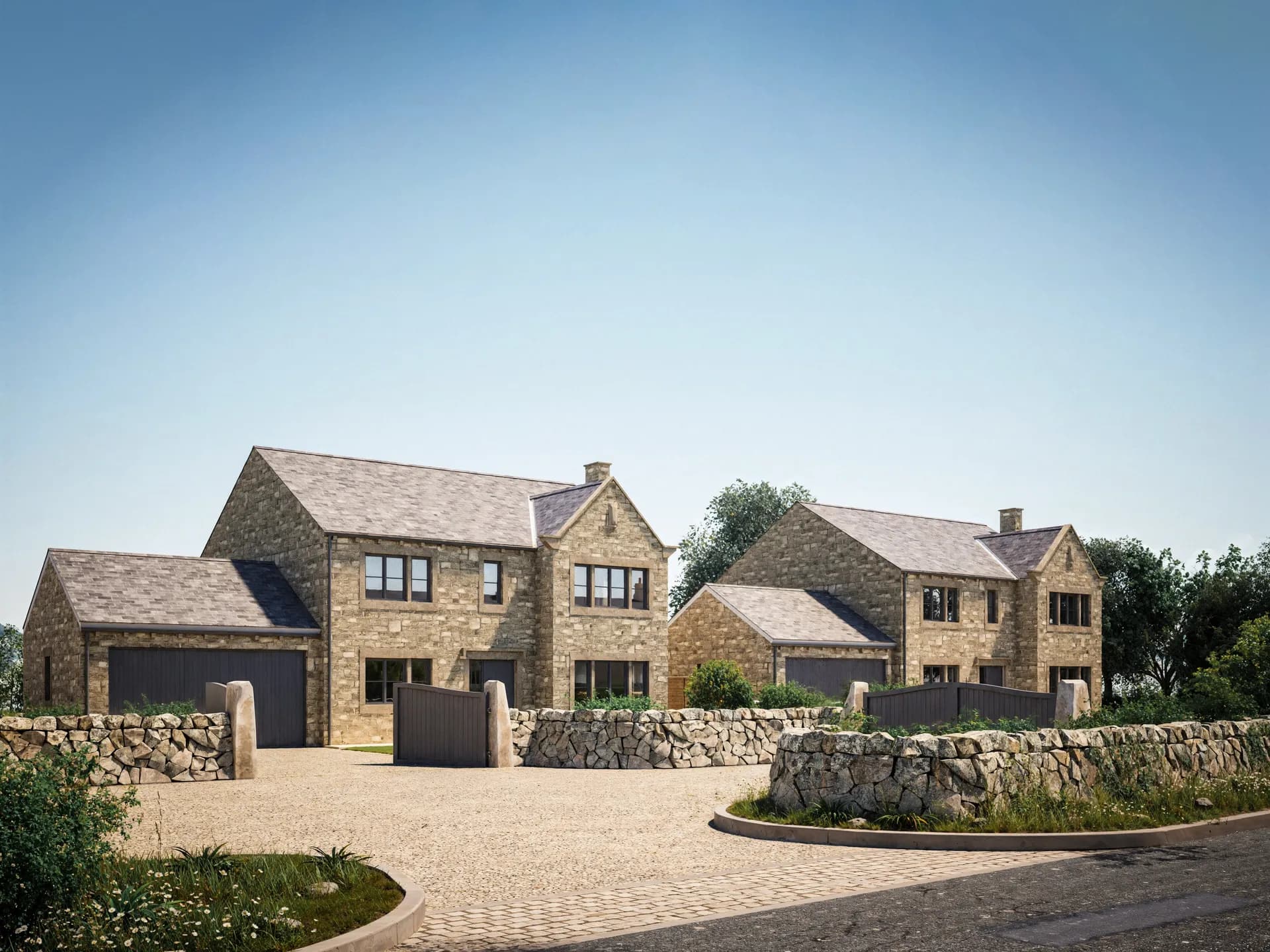 Front elevation and driveway approach of stone new build houses in Askwith, Yorkshire, new build interior design visualisation by Dean Heim & Co.