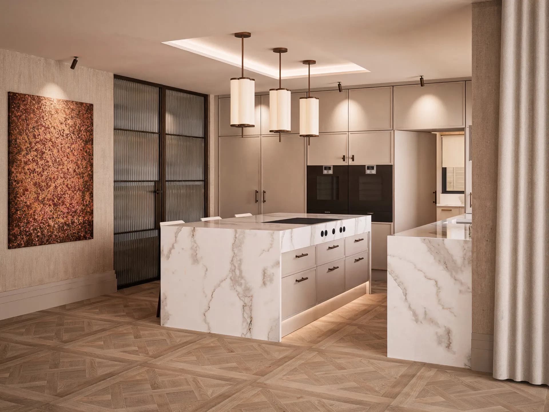 New build kitchen with a marble island and pendant lighting, Yorkshire interior design visualisation