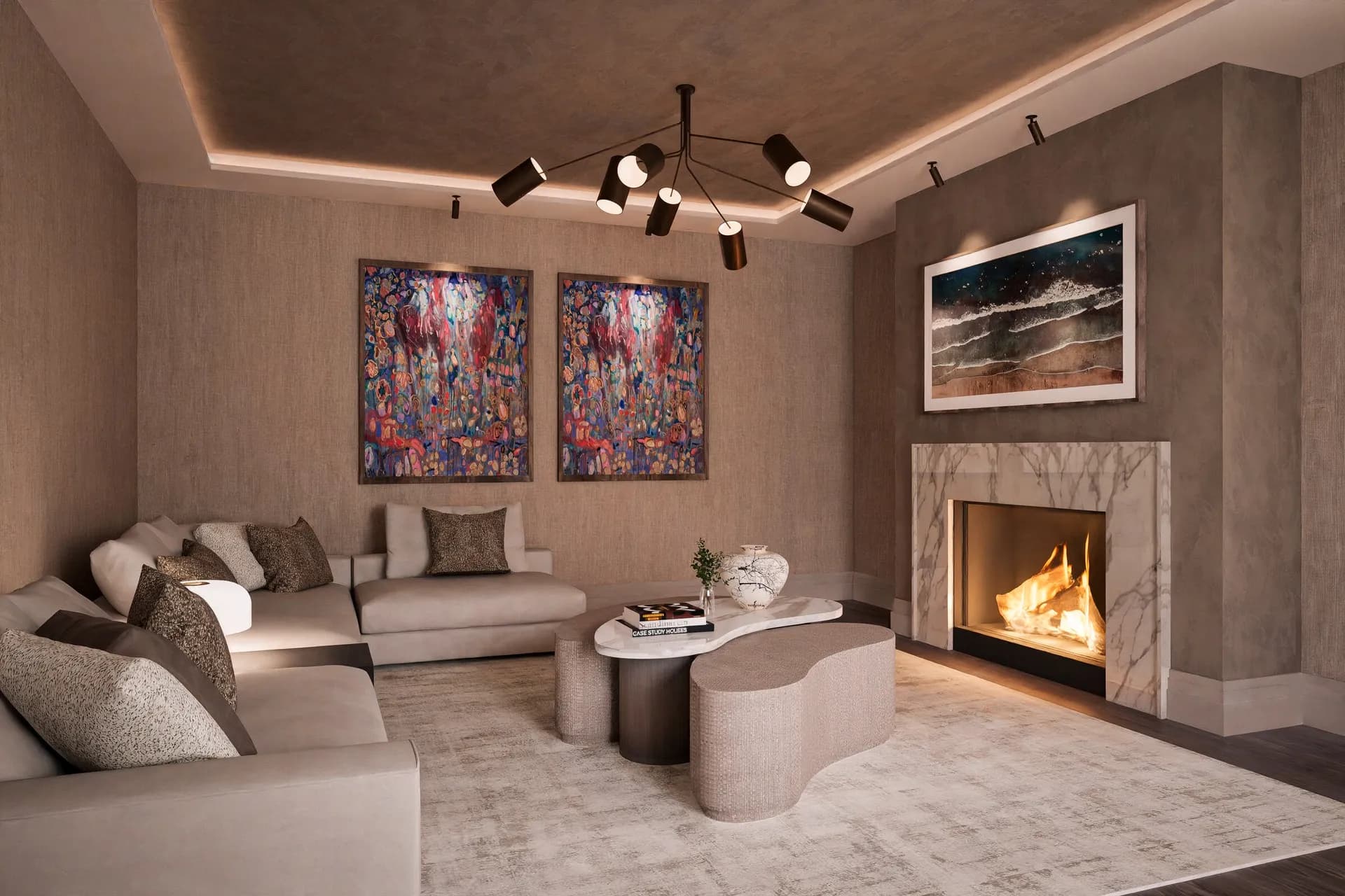 New build living room with a fireplace and contemporary art, Askwith interior design visualisation