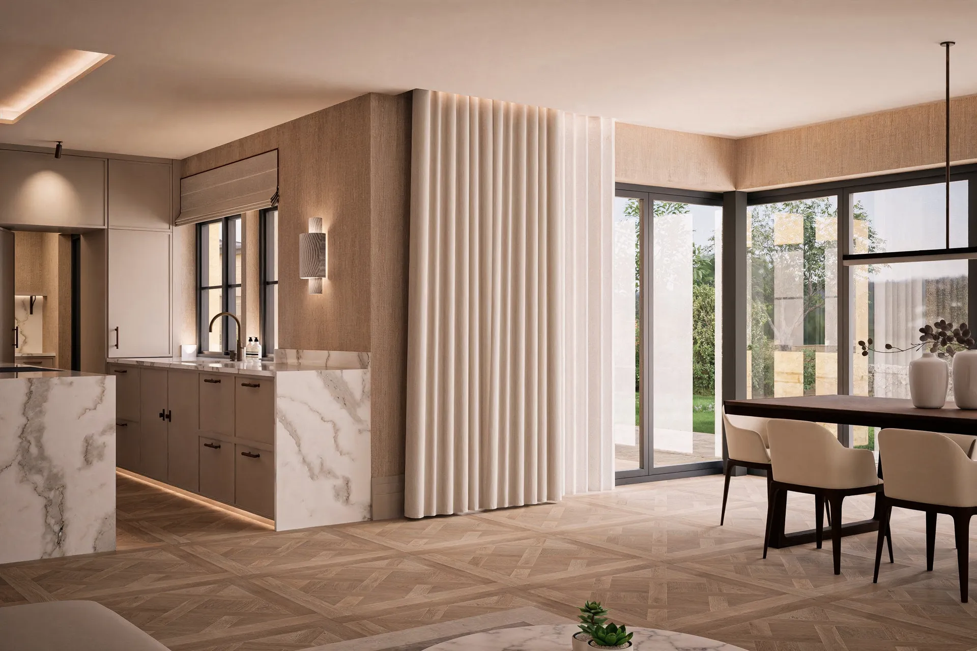 New build kitchen and dining space with garden doors, Yorkshire interior design visualisation