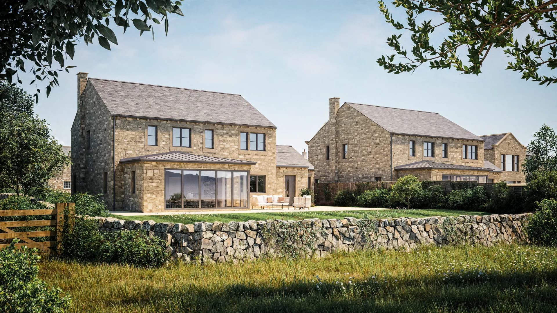 New build interior design in Yorkshire: stone new build houses set against open landscape with a dry stone wall, visualisation for Dean Heim & Co.