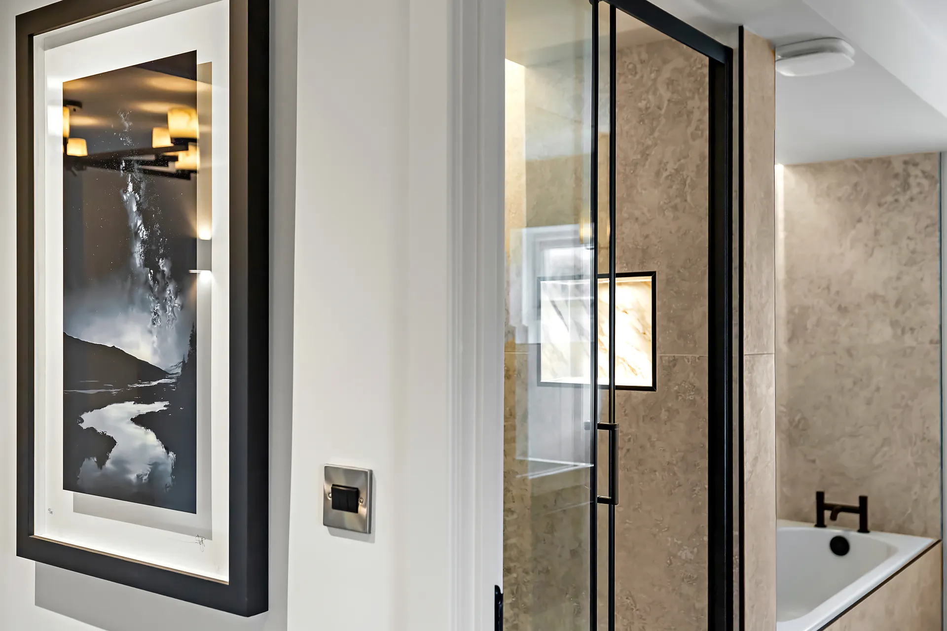 The Grove, Ilkley, framed art beside a glazed screen, apartment interior design by Dean Heim & Co.