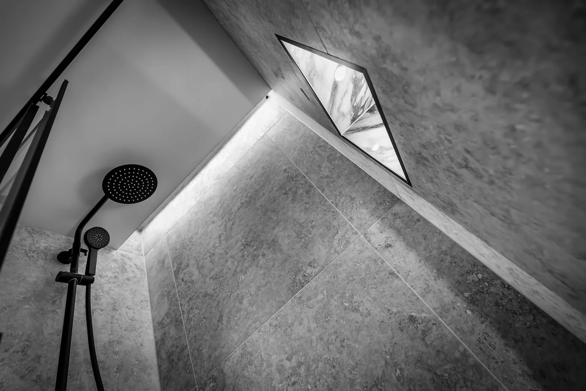 The Grove, walk-in shower with stone tiling and a skylight, Ilkley