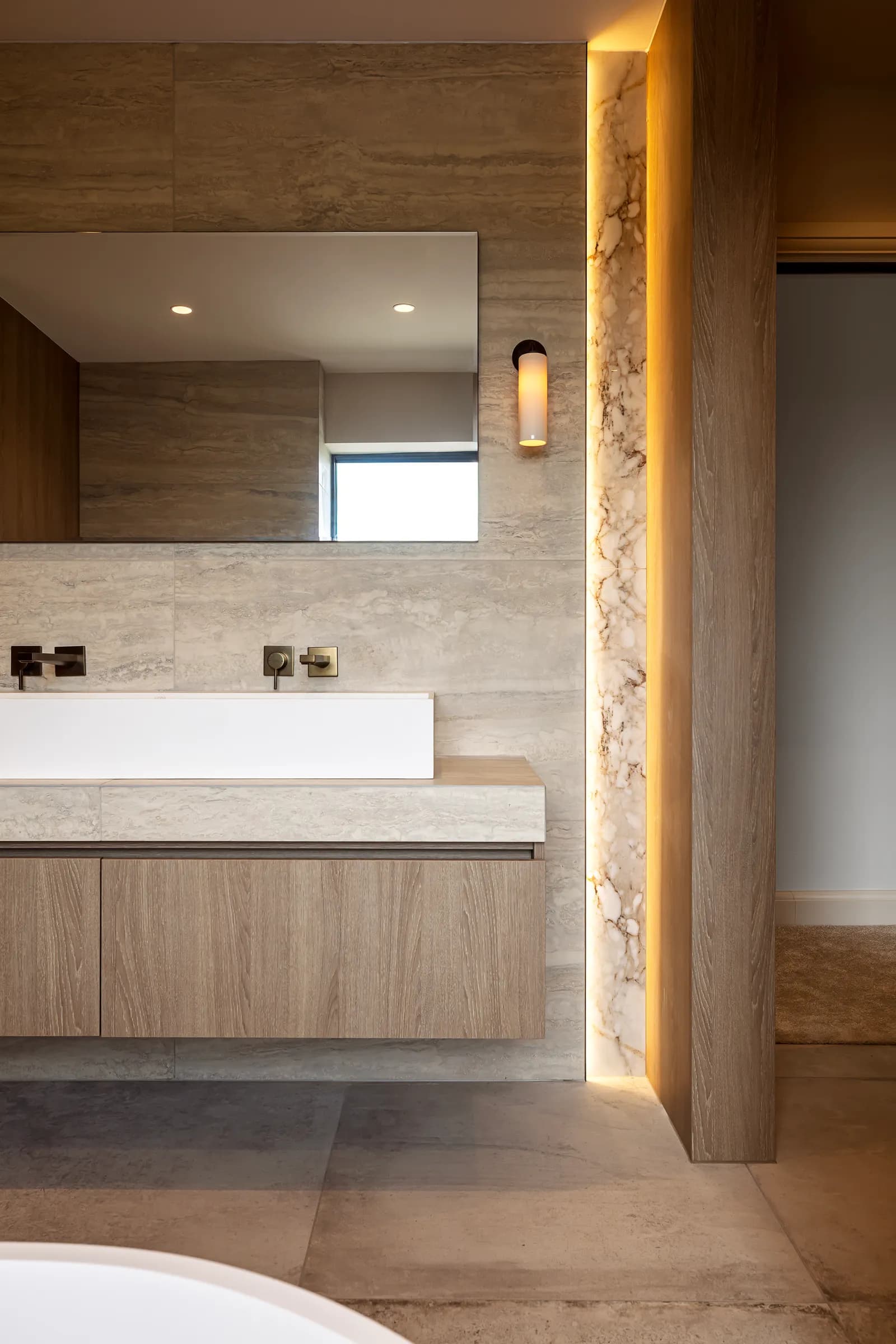 The Hay Barn, bathroom vanity with oak cabinetry, Spofforth