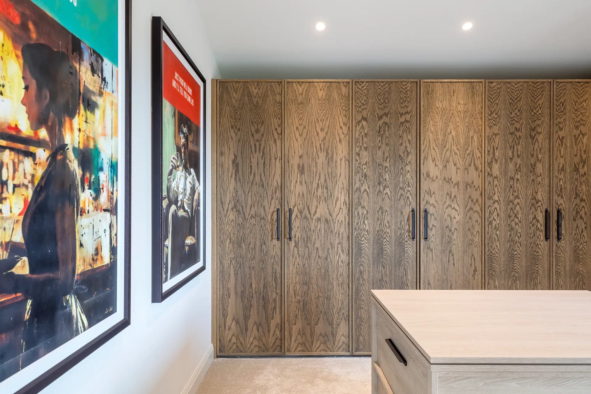 The Hay Barn, dressing room with oak wardrobes and framed art, Spofforth barn conversion