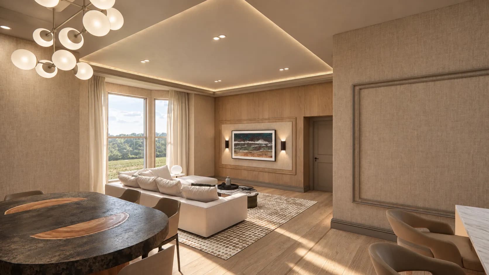 Interior design in Harrogate: open plan living and dining room with textured wall panelling and a bay window, visualisation for Dean Heim & Co.